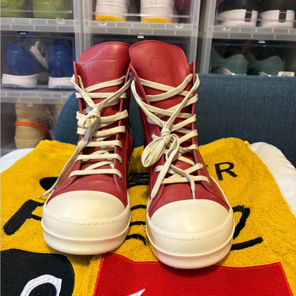 Rick Owens Red and crème Concordians  high top Men’s shoes.